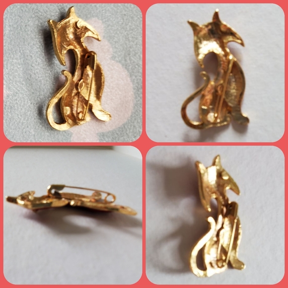VINTAGE GOLD TONE/RED ENAMEL CAT BROOCH/PIN - Picture 2 of 5